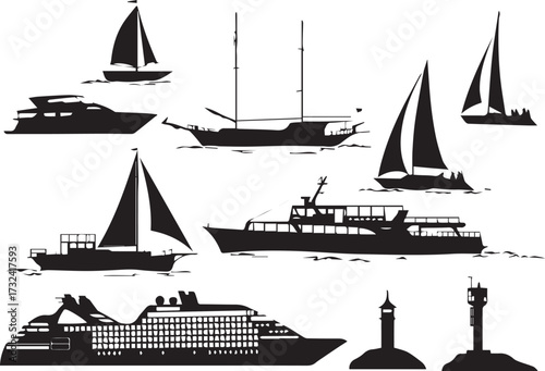Set of Marine Vehicles and Objects on Sea and Ocean, Ship, Sailboat, Yacht, Lighthouses, Black Silhouettes Isolated on White Background. Vector
