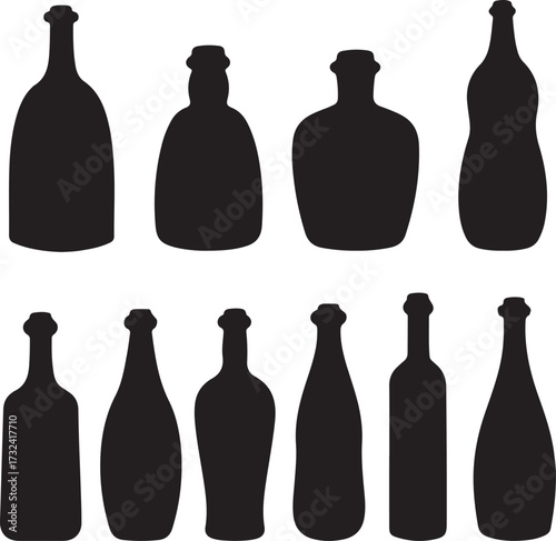 Bottles Set. Set of Vintage Bottles, Black Silhouettes Isolated on White Background. Vector
