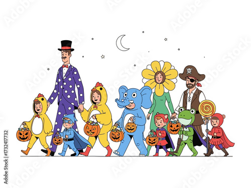 Halloween Costume Procession: A lively Halloween parade of children, each in imaginative costumes, accompanied by a guardian. Filled with joy, creativity, and anticipation.
