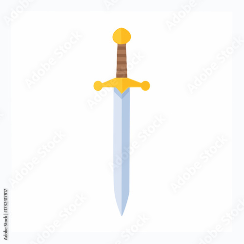 A simple flat design illustration of a classic medieval fantasy sword with gold hilt and light blue blade