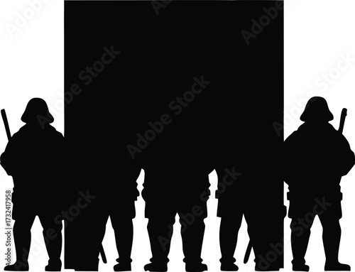 Group of soldiers in formation with a large banner silhouette