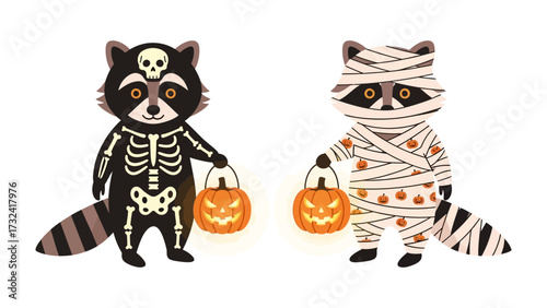 Halloween Raccoons: Two adorable raccoons, dressed in spooky Halloween costumes, hold glowing jack-o'-lanterns, set against a cheerful illustration.