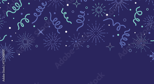 Vector art of festive seamless pattern with fireworks and confetti on a dark blue background, perfect for celebrations and new years eve