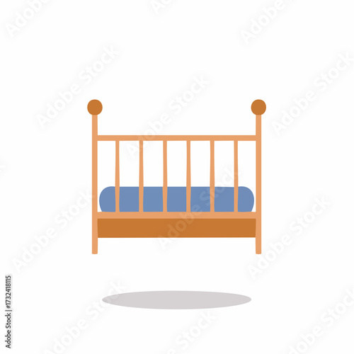 Illustration of a wooden baby crib with a blue mattress, minimal design.
