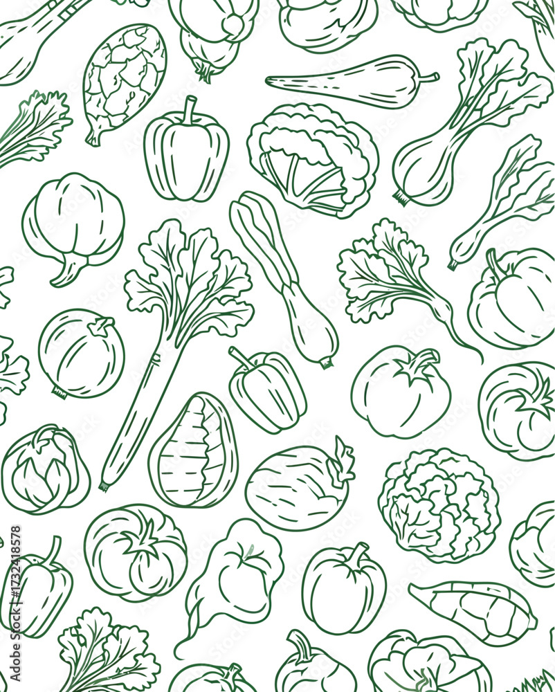 Fototapeta premium Hand drawn vegetable pattern, green line art organic food background, seamless garden produce illustration, fresh farm vegetables eps
