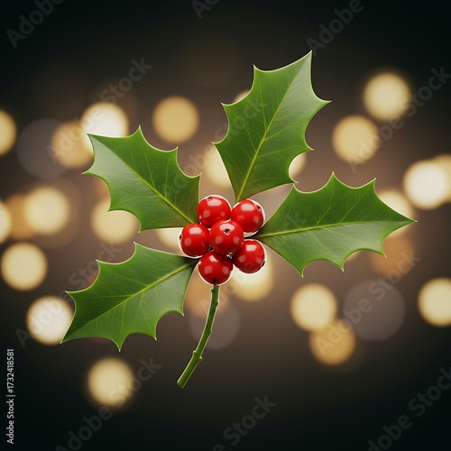Vibrant Holly Branch with Red Berries and Soft Bokeh Lights