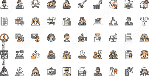 Vector art of collection of business and finance icons representing teamwork, strategy, and success