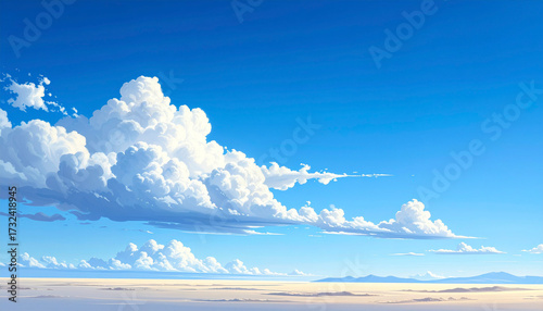 A wide clear blue sky with soft white clouds scattered naturally, bright daylight atmosphere