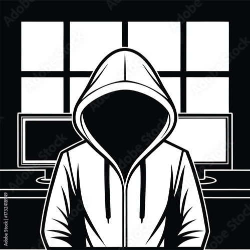 Mysterious hooded figure in front of a window silhouette