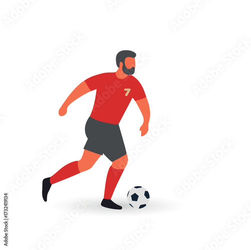Colorful flat vector illustration of a soccer player in motion, wearing a blue and white striped jersey, black shorts, and black socks while dribbling a football