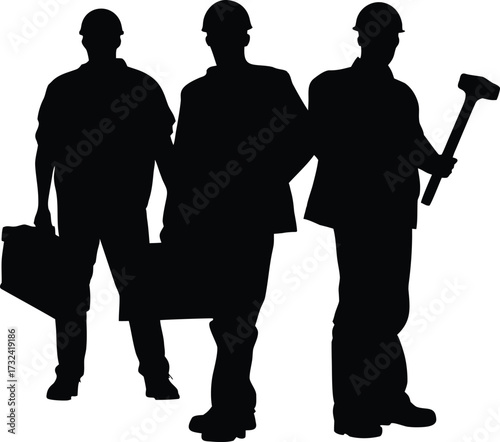 Three construction workers standing together with tools silhouette