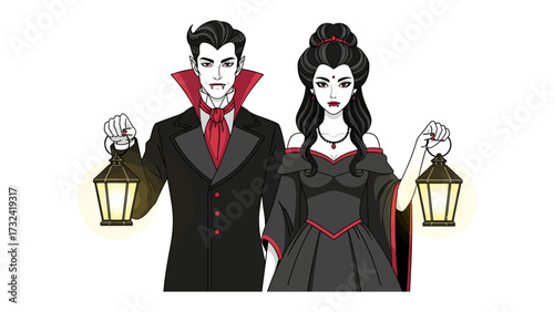 Gothic Romance: A captivating pair of animated figures, bathed in an enchanting aura, stand in a scene of Gothic romance, their attire reflecting an era of mystery and intrigue.