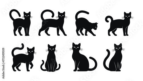 Black Cat Silhouette Set: A captivating set of stylized black cat silhouettes. This image showcases the variety of poses a domestic feline friend can embody, conveying a mood of mystery.