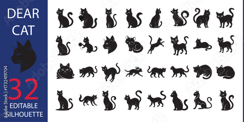 Set of black cats. Collection of silhouette of funny cats in different poses. Vector illustration isolated on white background. Drawing with children.
