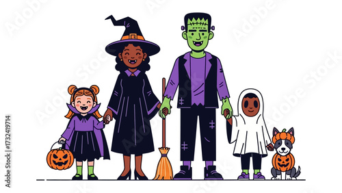 Spooky Gathering: A family dressed in Halloween costumes, embodying the holiday spirit and fun. From a witch to Frankenstein's monster and a ghost. The atmosphere is all about fun and treat.