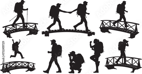 Hiking silhouette explorers crossing bridges, adventure travelers with backpacks, outdoor trekking journey, mountain climbing illustration, nature exploration activity, wilderness travel concept 