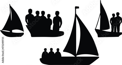 Group of sailboats with people silhouettes silhouette