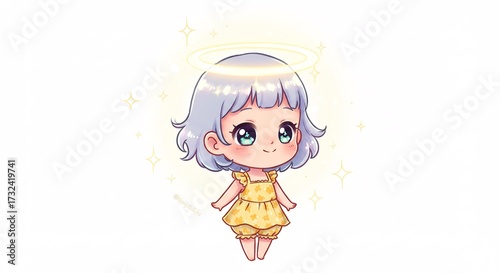 Niña chibi sonriente con pelo plateado brilla bajo una suave aura dorada ilustración kawaii llena de ternura