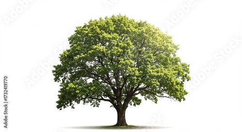 Hermoso árbol verde frondoso en pleno día de verano resaltando bajo luz natural intensa sobre fondo blanco puro