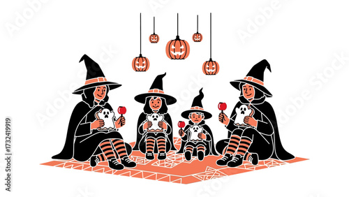 Halloween Witch Gathering: Four cheerful witches gather beneath carved pumpkin lanterns, each with a smiling ghost treat, ready for Halloween celebrations in this stylized illustration.