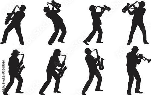 Saxophone player silhouette, jazz musician clipart, black and white vector, musical performance pose, artistic saxophonist icon, band illustration, isolated graphic