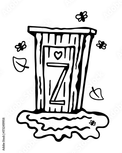 Black and white vector illustration of an old crowded wooden street toilet with a carved heart on the door on a white isolated background