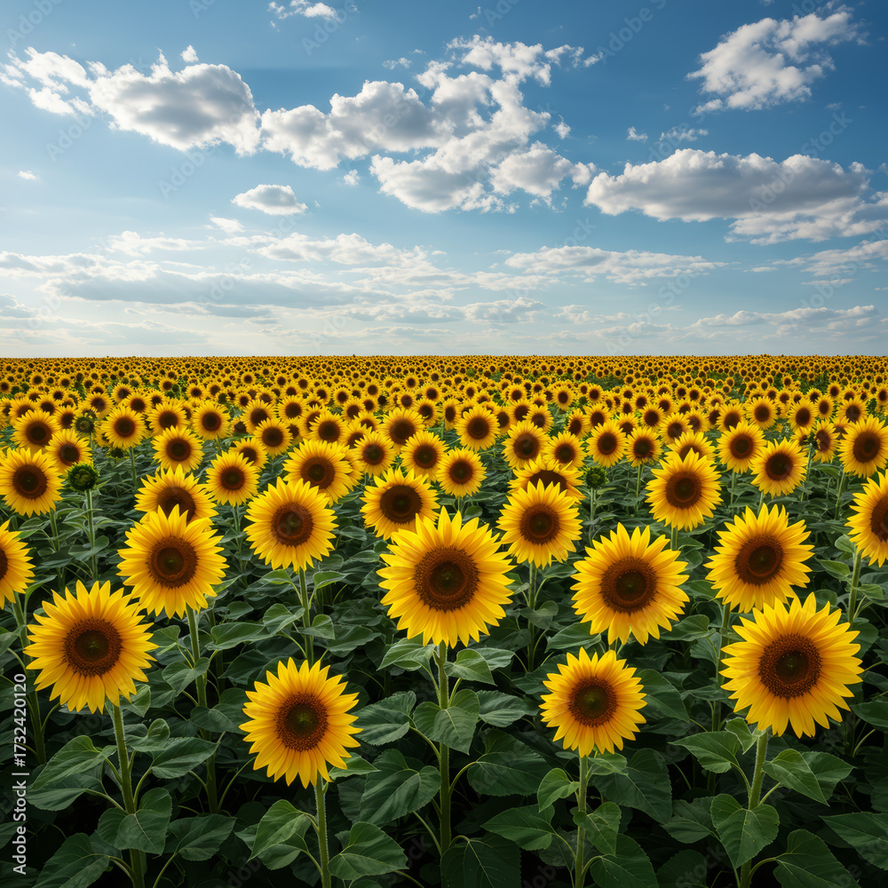 Fototapeta premium Immense champ de tournesols sous un ciel bleu parsemé de nuages, symbole éclatant de l’été