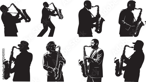 Saxophone player silhouette, jazz musician clipart, black and white vector, musical performance pose, artistic saxophonist icon, band illustration, isolated graphic
