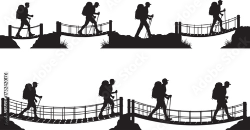 Hiking silhouette explorers crossing bridges, adventure travelers with backpacks, outdoor trekking journey, mountain climbing illustration, nature exploration activity, wilderness travel concept 