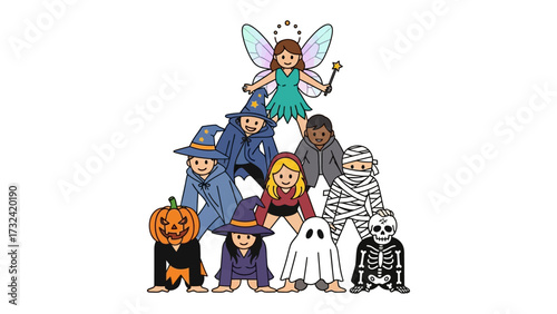Halloween Fantasy: A colorful illustration of diverse people in Halloween costumes, including a witch, a ghost, and a mummy, embodies the spirit of the holiday, inviting us into a realm of fantasy.