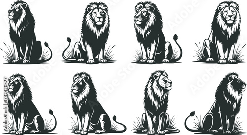 Seated lion illustrations, black and white vector lions, majestic animal poses, stylized mane artwork, grass silhouette lions, stock wildlife design