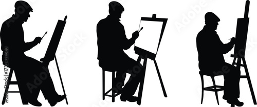 Three artists painting on easels silhouette