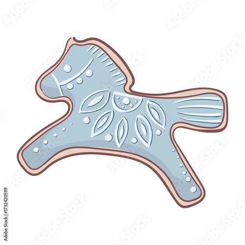 Homemade winter sweets. A cookie horse with a blue folk motif. Christmas ginger figurines featuring the symbol of the year. For banners, stickers, cards and scrapbook.
