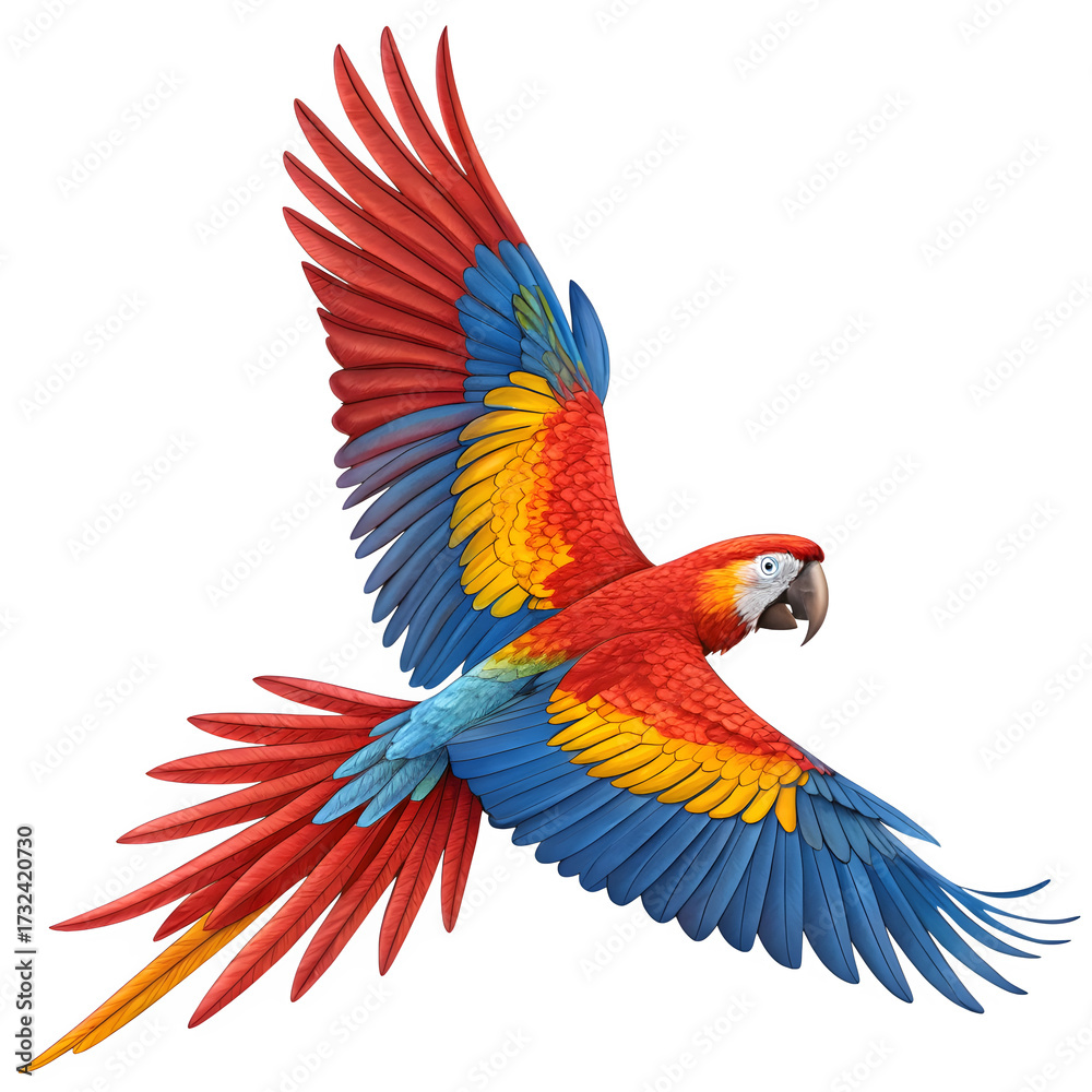 Fototapeta premium Scarlet macaw in flight with colorful feathers isolated on transparent background