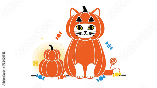 Cat in a Pumpkin Costume: An adorable cartoon cat in a pumpkin costume is surrounded by Halloween candy and pumpkin decorations, perfectly embodying the fun spirit of the holiday.