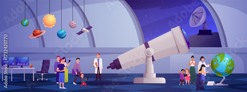 Observatory interior with telescope and planetarium, astronomy scientists observing space vector flat illustration