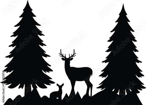 Deer and fawn in a pine forest silhouette