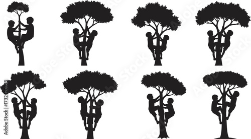 Tree silhouette vector, human nature interaction, climbing tree figures, black graphic trees, artistic nature bond, outdoor pose illustration, stock design concept