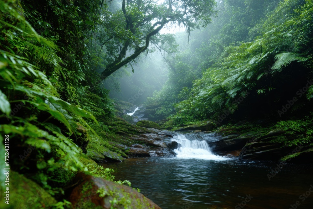 Obraz premium Lush Rainforest Stream: Immerse yourself in the verdant depths of a rainforest, where a pristine stream meanders through the vibrant foliage, creating a scene of tranquil natural beauty.