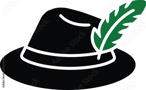 Vector art of black hat with green feather, isolated on light green background
