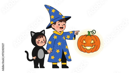 Halloween Spells: An adorable cartoon depiction of two costumed children, a little wizard and a little cat, discovering a spooky pumpkin, promising whimsical delight.