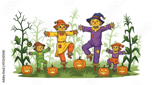 Spooky Scarecrow Family: An animated illustration depicts a heartwarming autumn scene featuring a family of scarecrows and grinning pumpkins, creating a charming atmosphere.