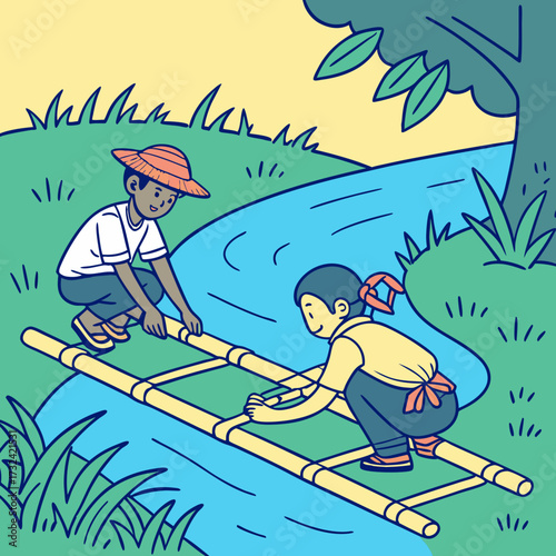 Two children are building a bamboo raft over a river, squatting and tying the structure together in a grassy landscape.