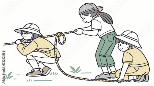 Illustration of three young children, two squatting and one standing, engaged in a rope game or activity together outdoors.