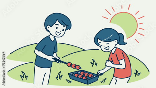 Two smiling people grilling food outdoors on a sunny day in a grassy field.