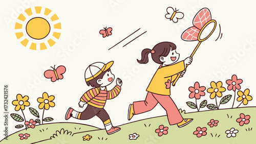 Two children run through a field of flowers, chasing butterflies with a net under a bright sun.
