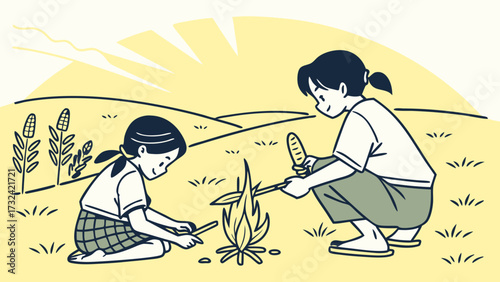 Two young girls are cooking corn on a small campfire in a field under a sunny sky.