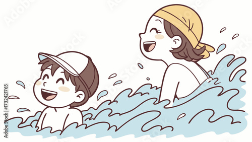 Two happy children, a boy and a girl, wearing swim caps and enjoying playing in the water with splashes.