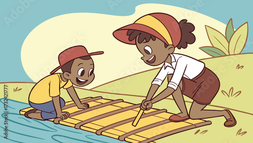 Two children are building a raft together near a calm body of water, smiling.