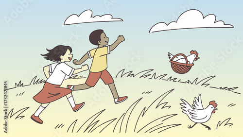 Two children, a boy and girl, run through a grassy field chasing a chicken near a basket of eggs under a cloudy sky.